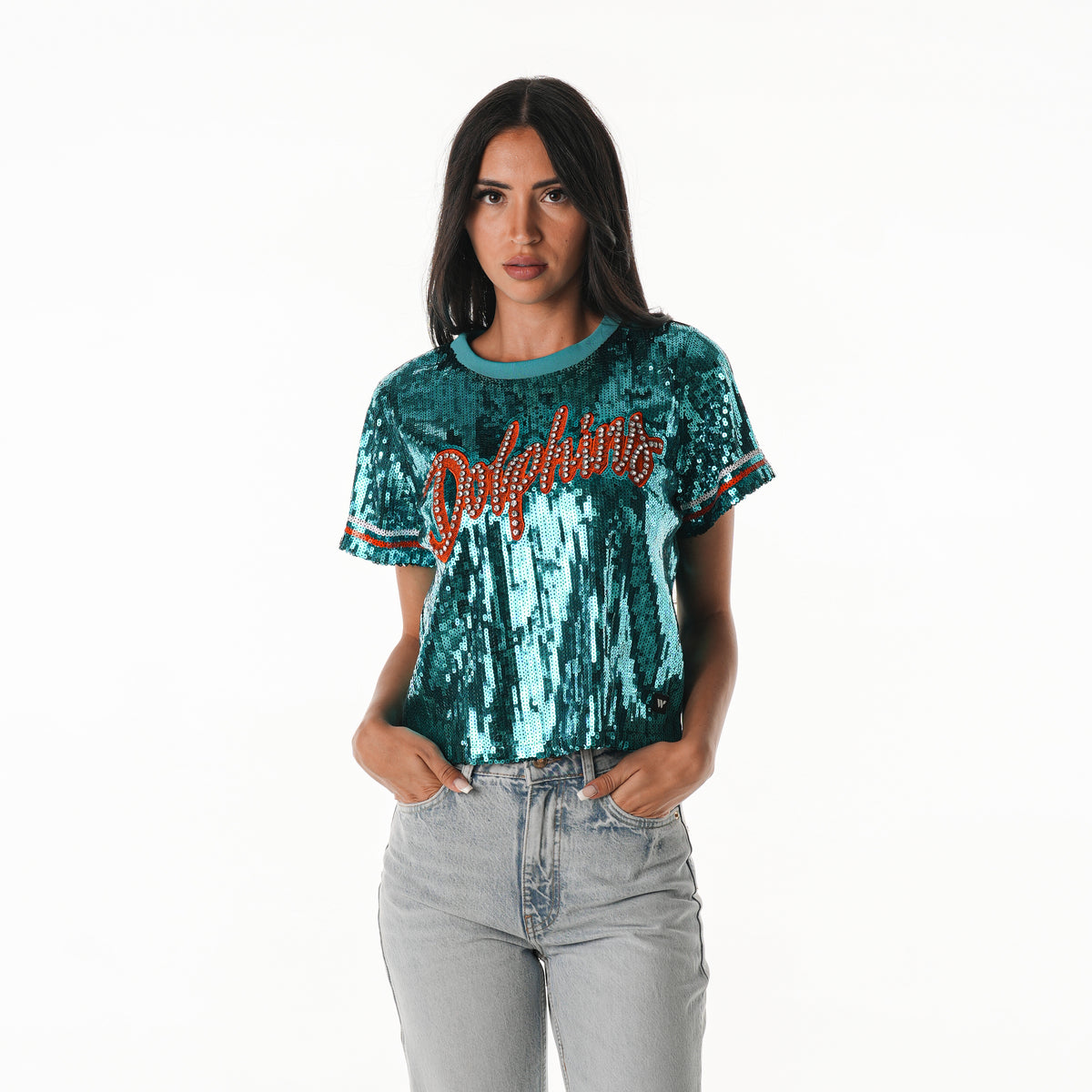 Miami Dolphins Women's Sequin Top - Aqua