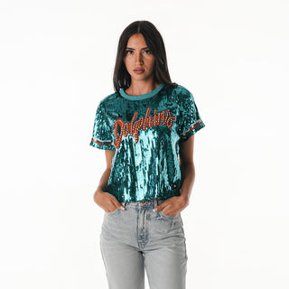 Miami Dolphins Women's Sequin Top - Aqua-Sequin Tee-thewildcollective