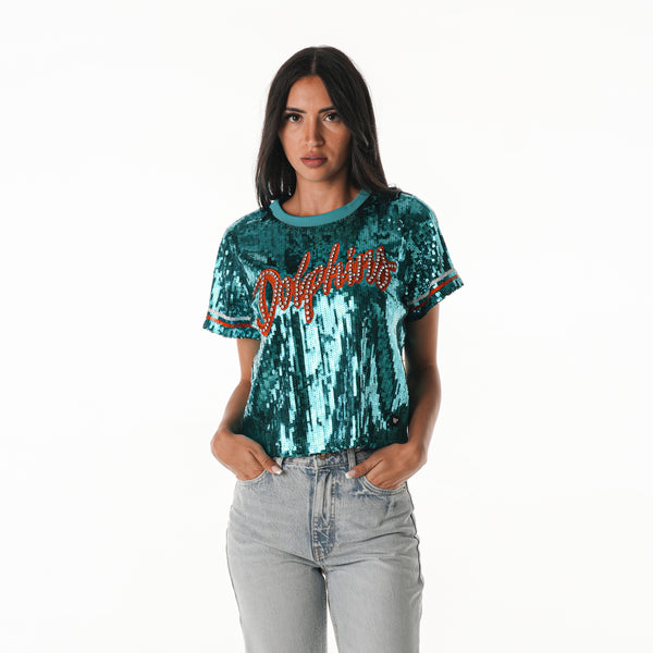 Miami Dolphins Women's Sequin Top - Aqua