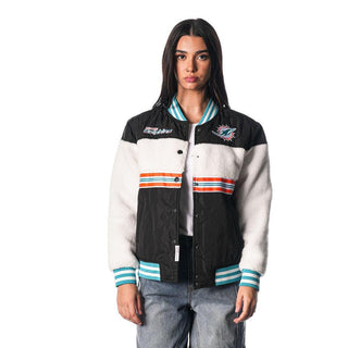Miami Dolphins Women's Sherpa Bomber Jacket - Black/Cream-Bomber Jacket-thewildcollective