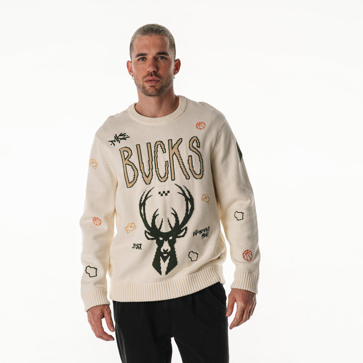Milwaukee Bucks Unisex All Over Jacquard Crew Sweater - Cream
