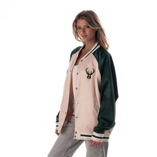 Milwaukee Bucks Unisex Satin Raglan Bomber - Cream/Green-Jacket-thewildcollective