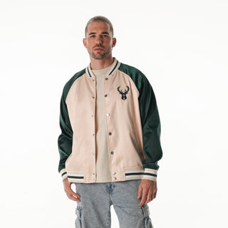 Milwaukee Bucks Unisex Satin Raglan Bomber - Cream/Green-Jacket-thewildcollective
