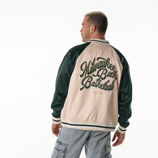 Milwaukee Bucks Unisex Satin Raglan Bomber - Cream/Green-Jacket-thewildcollective