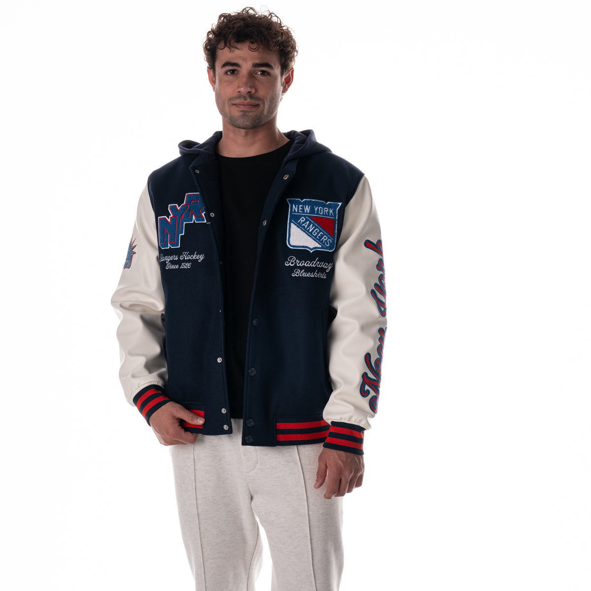 New York Rangers Unisex Hooded Varsity Jacket – Navy