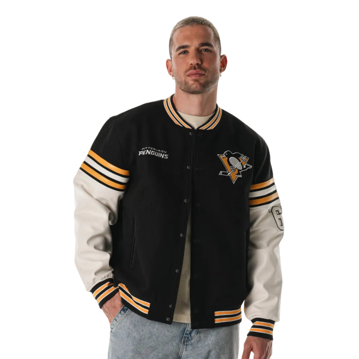 Pittsburgh Penguins Unisex Drop Shoulder Varsity Jacket - Black