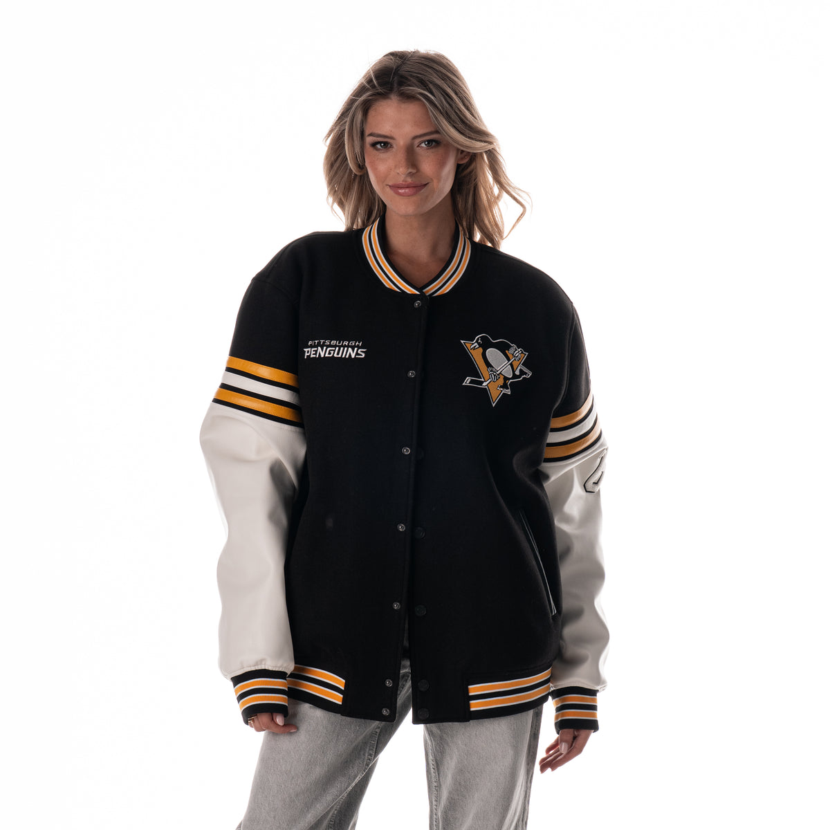 Pittsburgh Penguins Unisex Drop Shoulder Varsity Jacket - Black