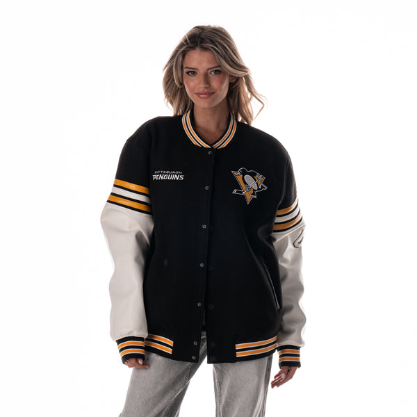 Pittsburgh Penguins Unisex Drop Shoulder Varsity Jacket - Black