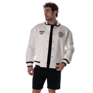 Pittsburgh Steelers Unisex Embossed Cable Knit Bomber - Vintage White-Bomber Jacket-thewildcollective