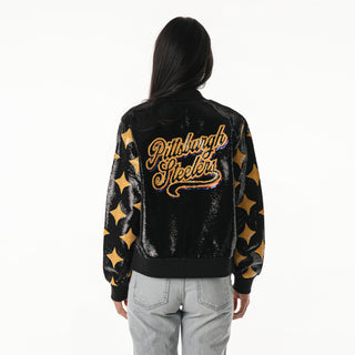 Pittsburgh Steelers Women's Sequin Bomber - Black-Sequin Jacket-thewildcollective