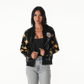 Pittsburgh Steelers Women's Sequin Bomber - Black-Sequin Jacket-thewildcollective