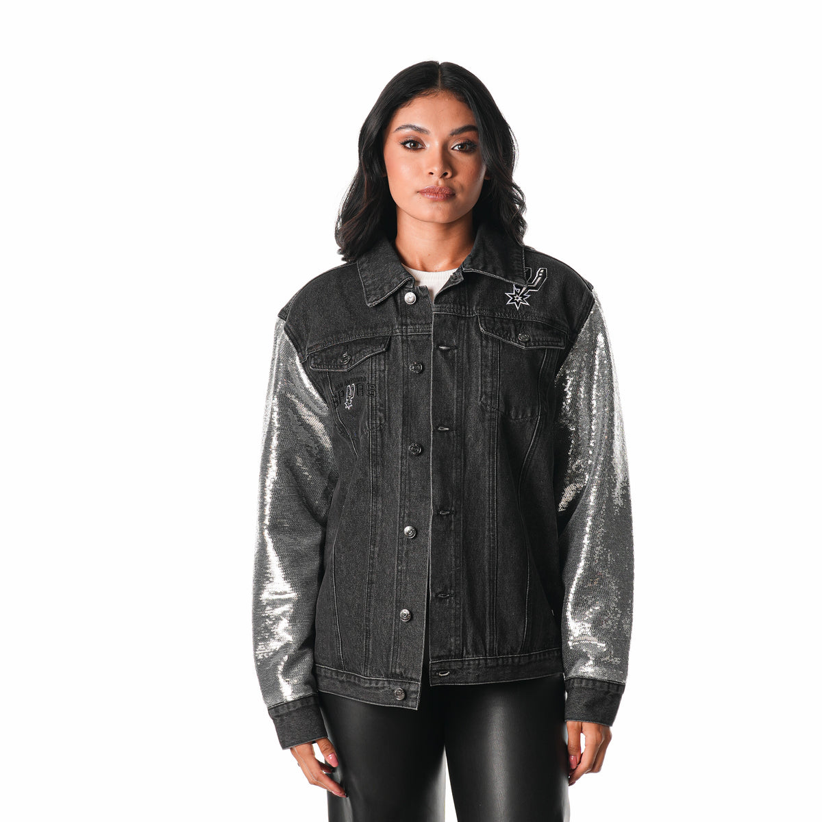 San Antonio Spurs Unisex Denim Jacket w/ Sequin Sleeves - Black