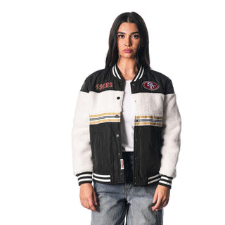 San Francisco 49ers Sherpa Bomber Jacket - Black/Cream-Bomber Jacket-thewildcollective
