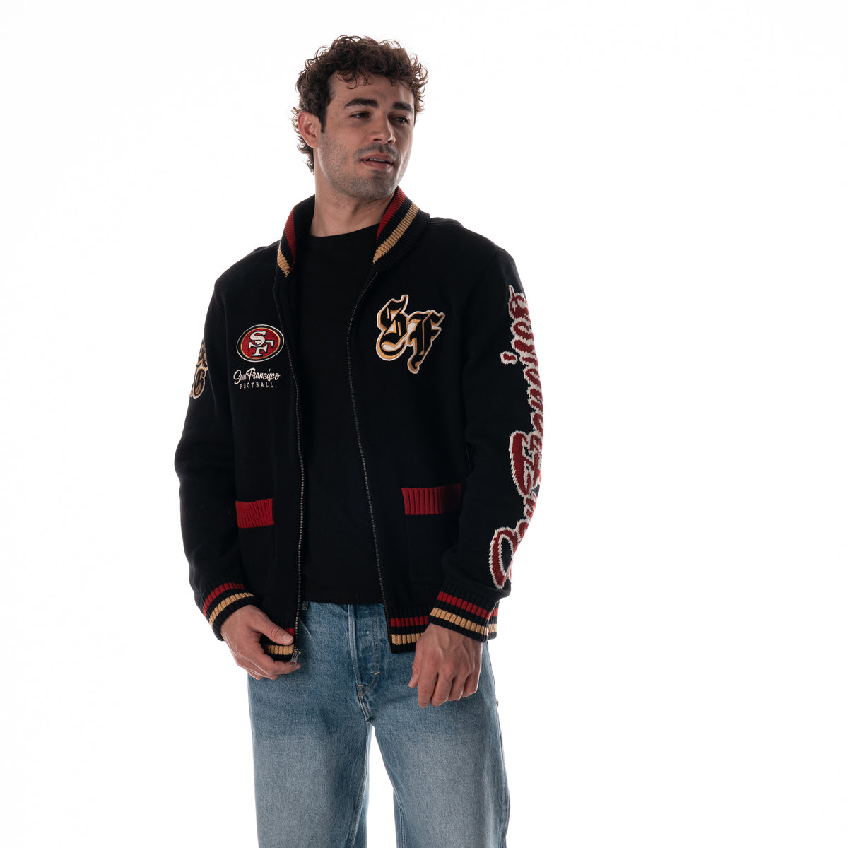 San Francisco 49ers Unisex Jacquard Zip Front Sweater - Black