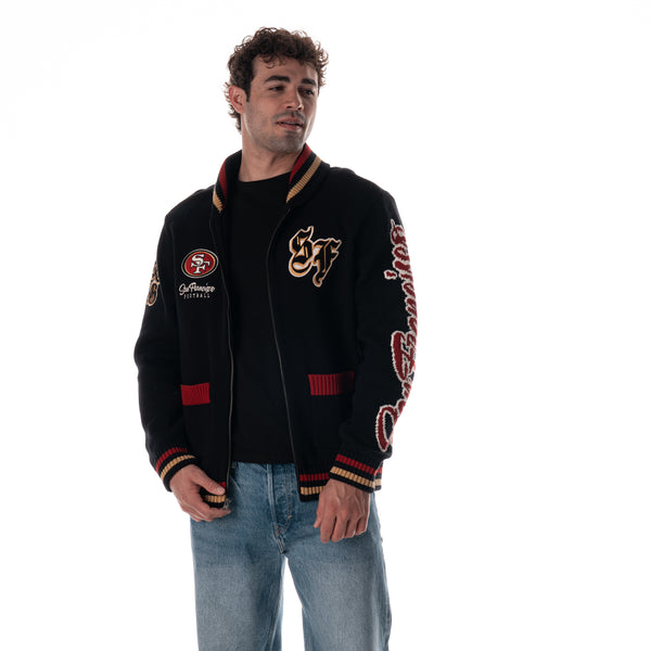 San Francisco 49ers Unisex Jacquard Zip Front Sweater - Black