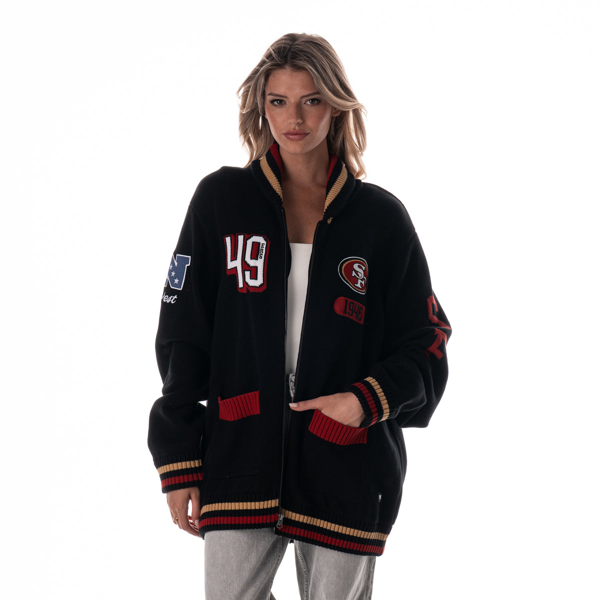 San Francisco 49ers Unisex Jacquard Zip Front Sweater – Black