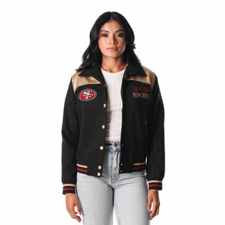 San Francisco 49ers Women's Suede Bomber Jacket - Black-Suede Jacket-thewildcollective