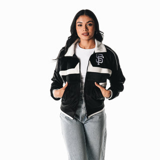 San Francisco Giants Women's Cord Zip Front Funnel Neck Bomber - Black-Jacket-thewildcollective