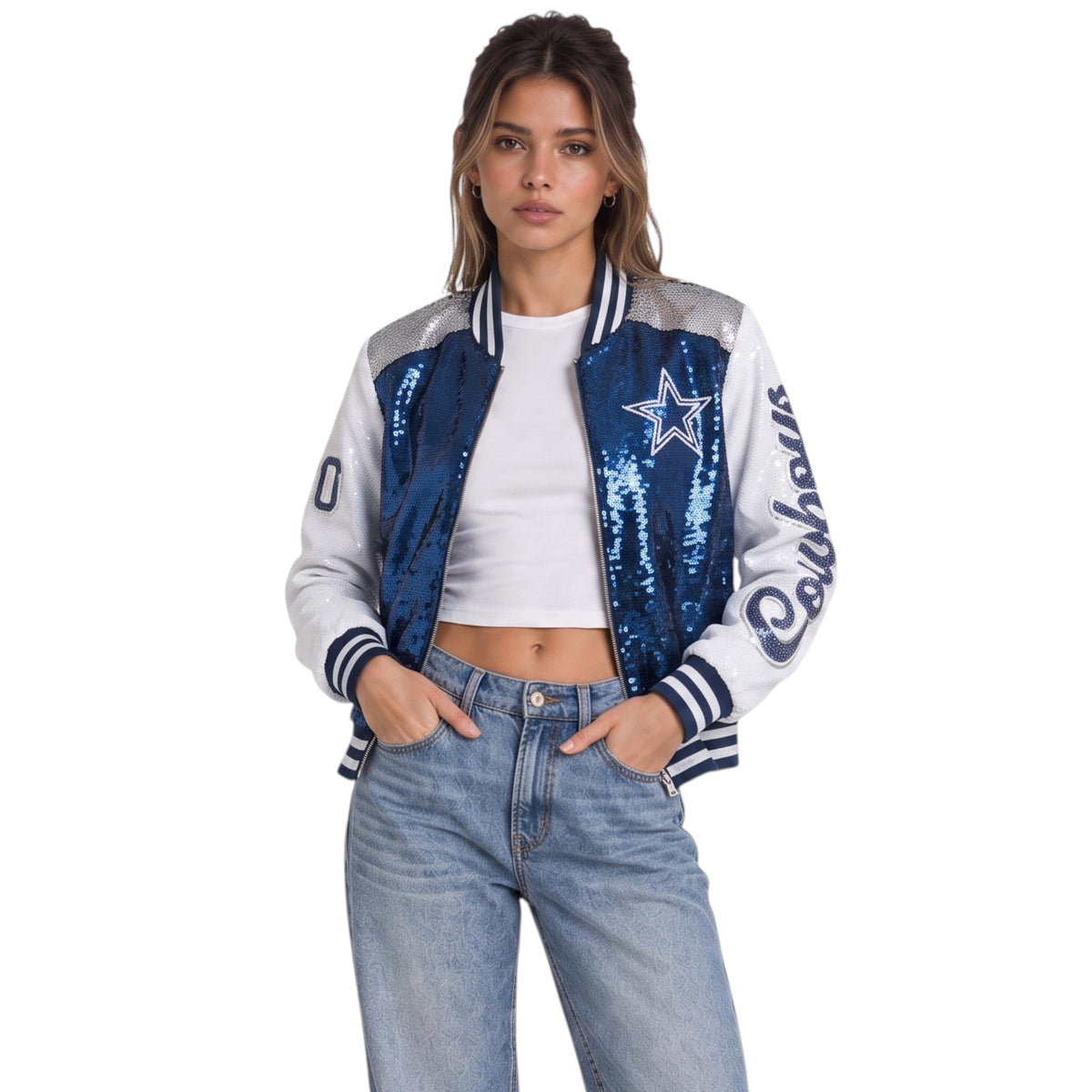 Dallas Cowboys Women's Sequin Bomber Jacket - Navy
